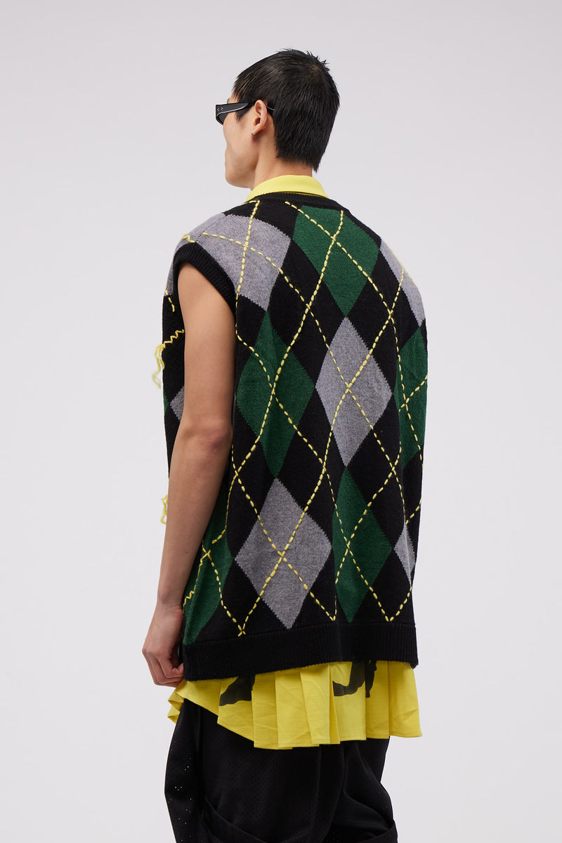 Mike Oversized Argyle Vest Black