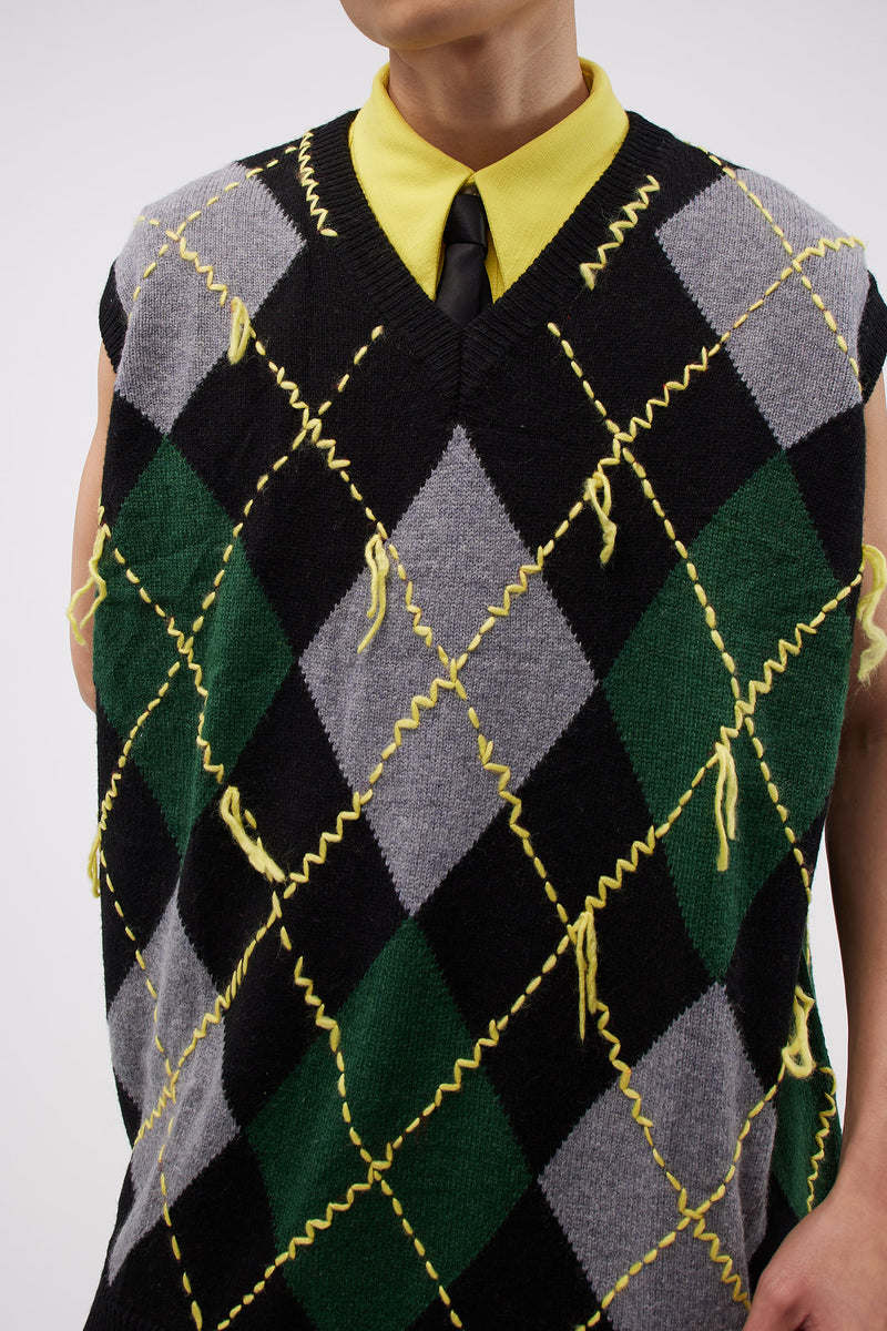Mike Oversized Argyle Vest Black