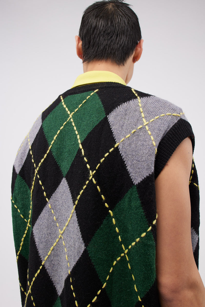 Mike Oversized Argyle Vest Black