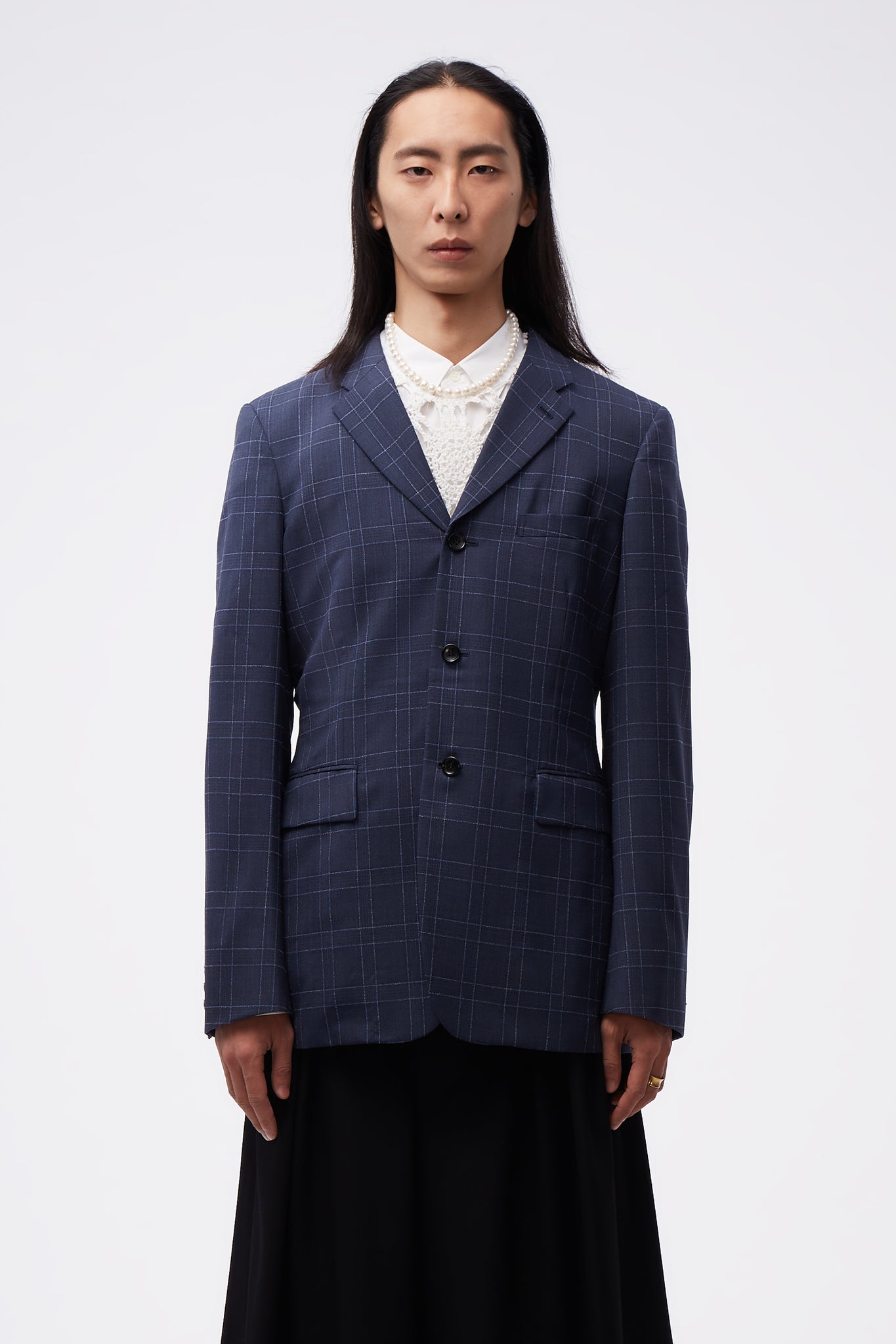 Back Pleats Blue Grid Suit Blue