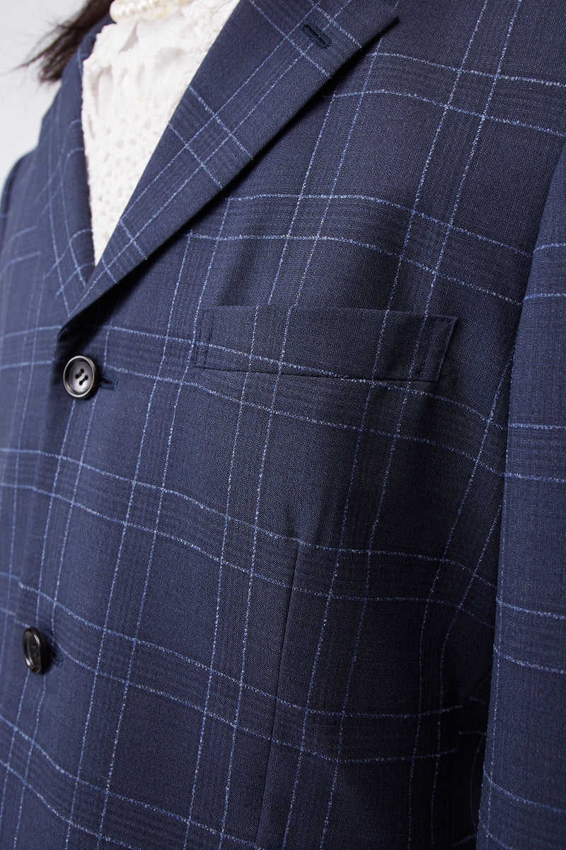 Back Pleats Blue Grid Suit Blue