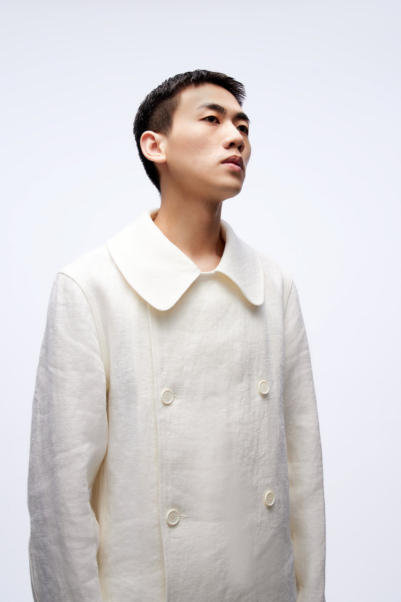 LINEN P-COAT WITH PATCHES WHITE