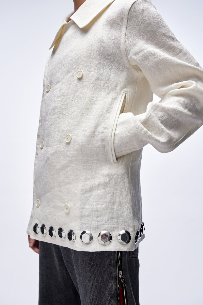 LINEN P-COAT WITH PATCHES WHITE