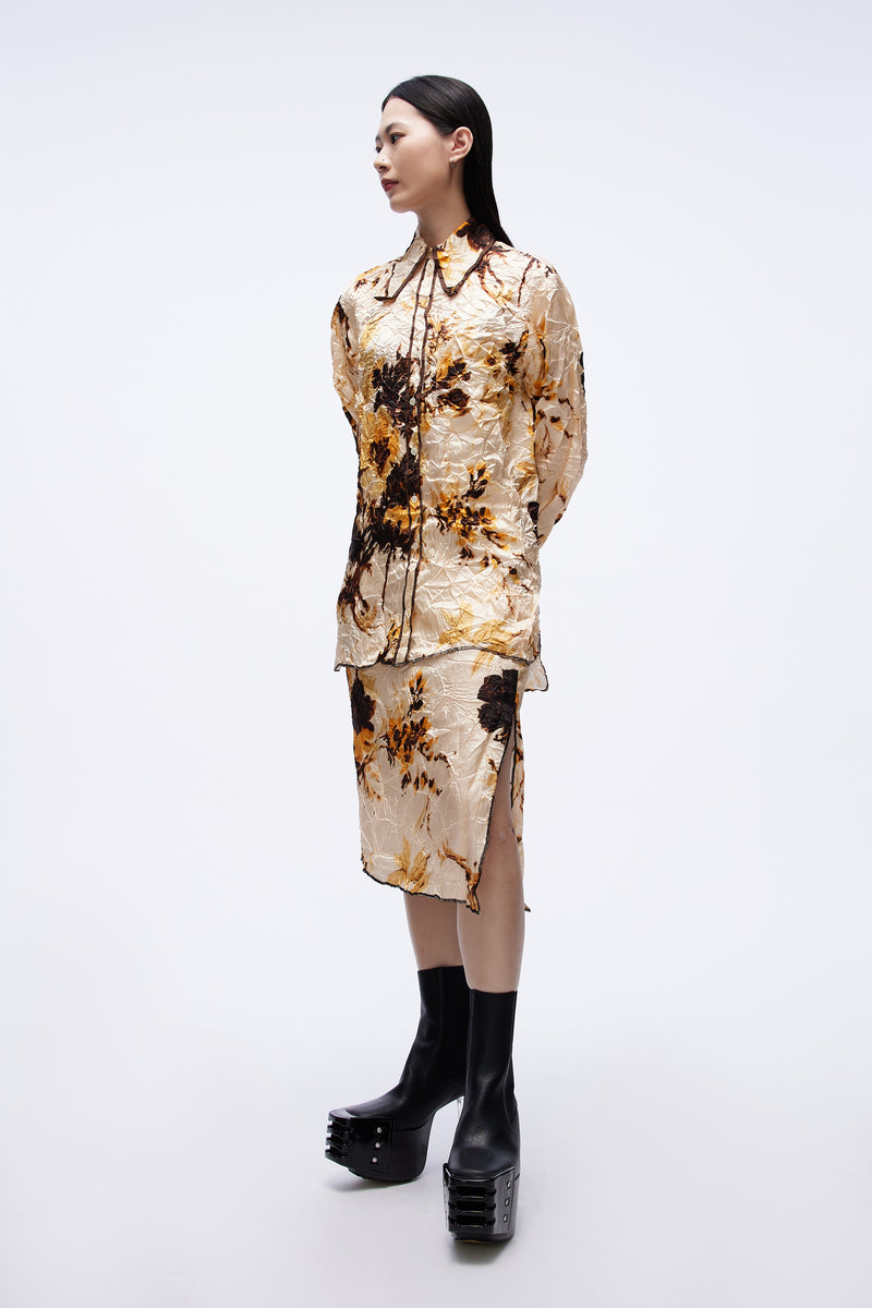 Crumpled Fluid Slip Skirt Scarf Flowers