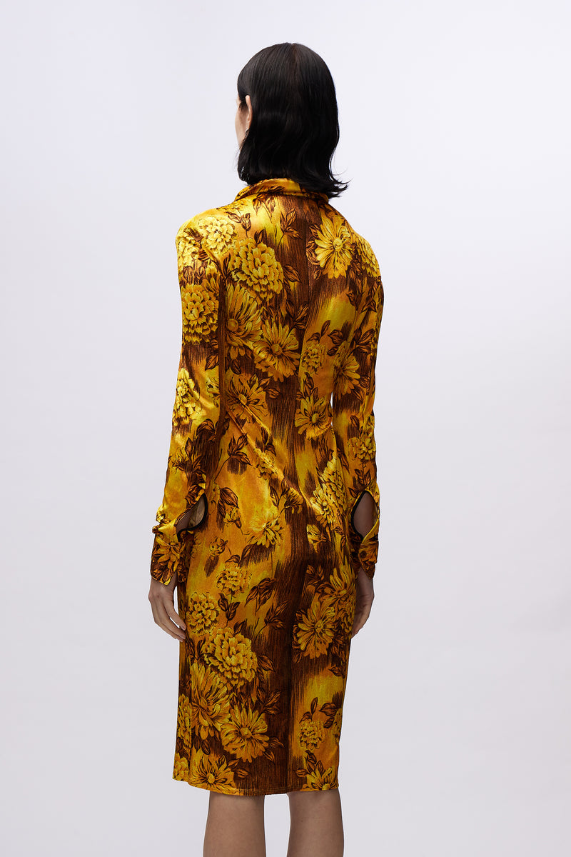 Slim Fitted Shirt Dress Gold Flowers