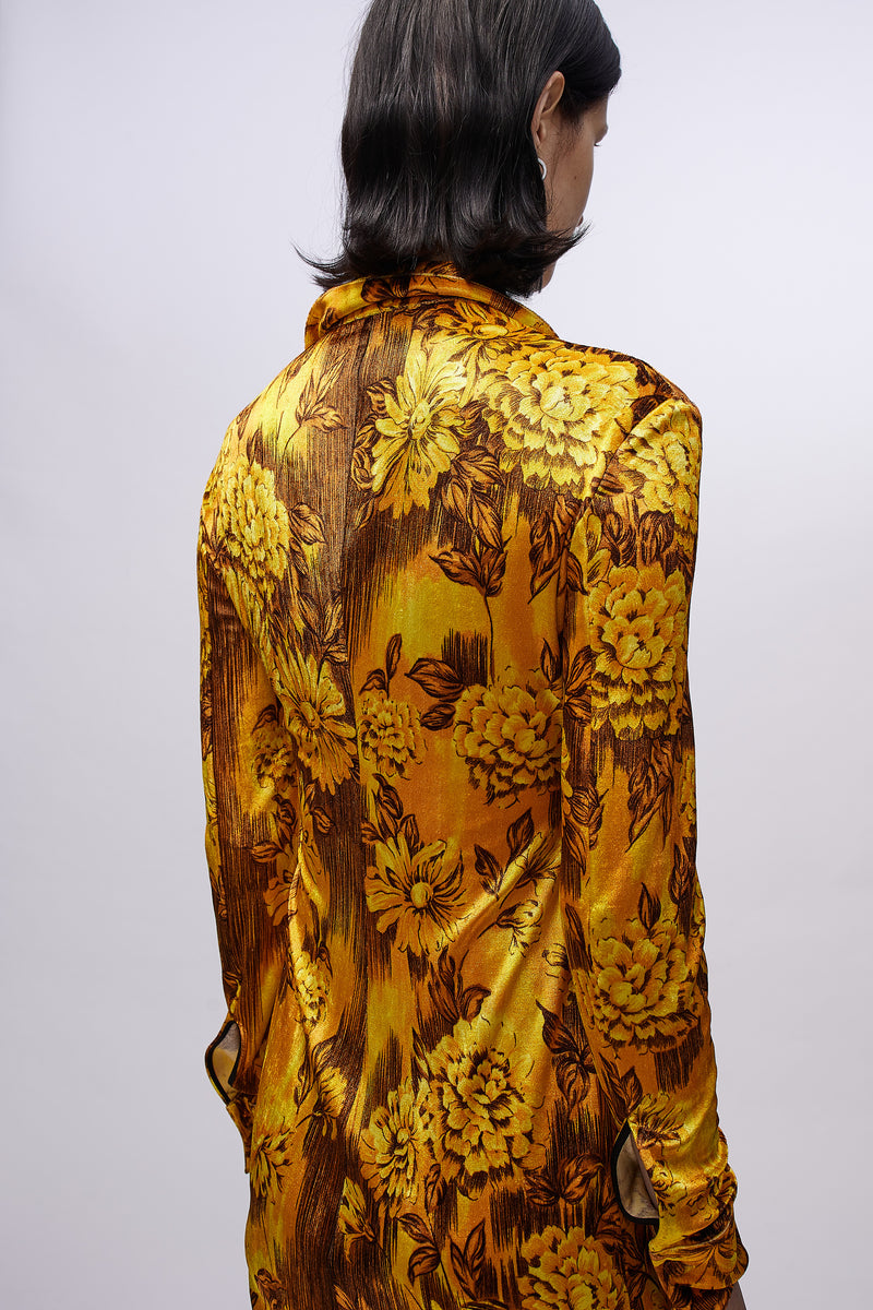 Slim Fitted Shirt Dress Gold Flowers