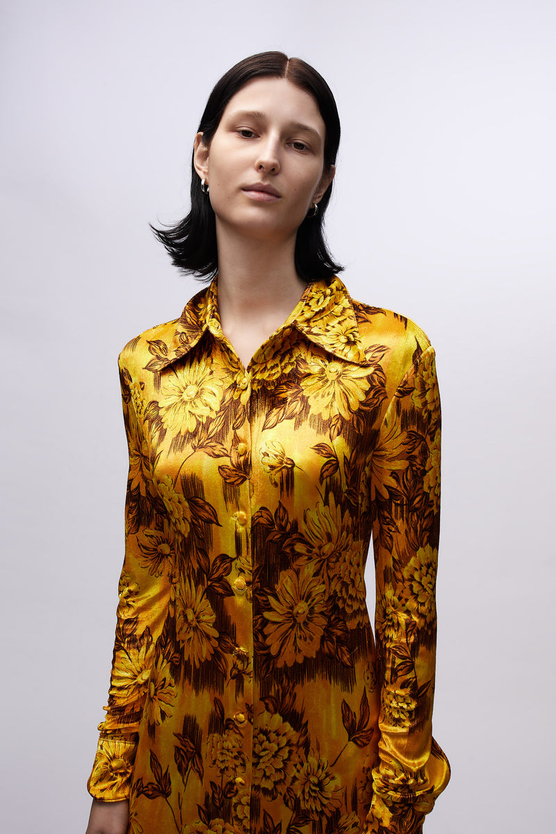 Slim Fitted Shirt Dress Gold Flowers