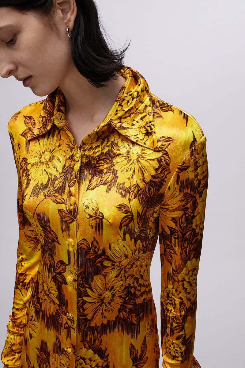 Slim Fitted Shirt Dress Gold Flowers