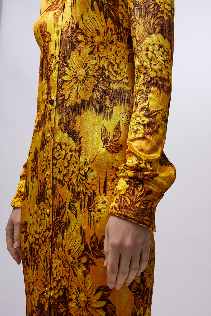 Slim Fitted Shirt Dress Gold Flowers
