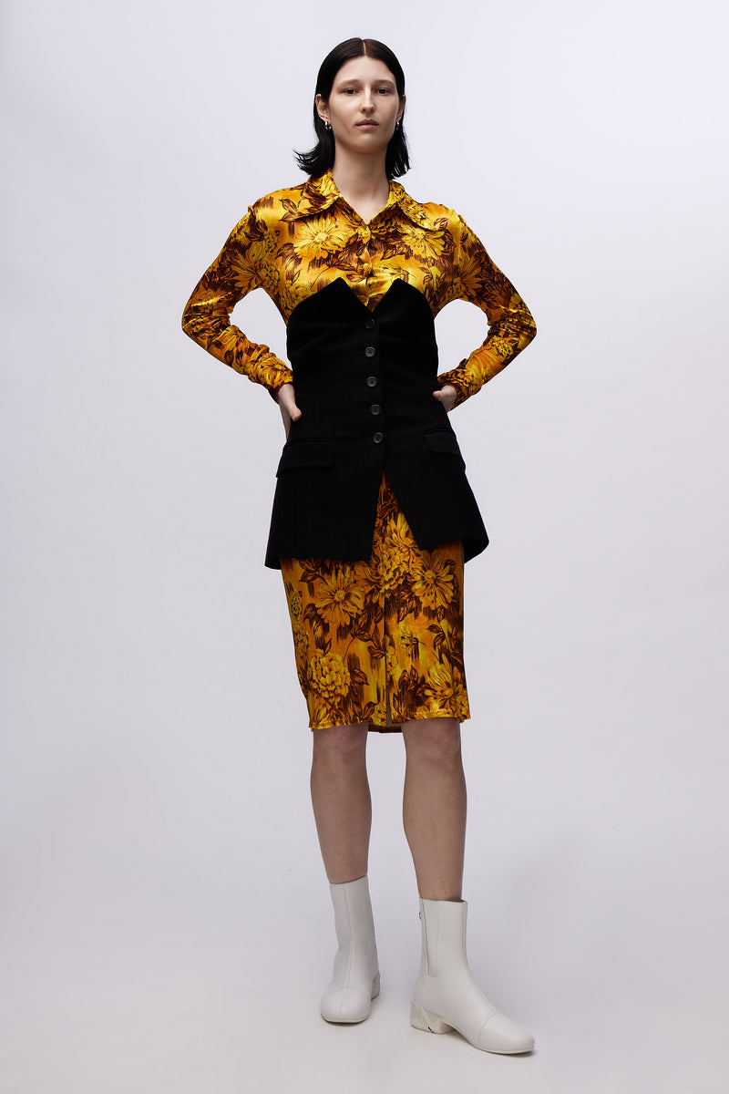 Slim Fitted Shirt Dress Gold Flowers