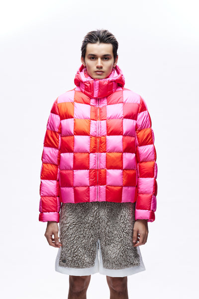 Unisex Gradient Checker Hooded Puffer Coat Woven Pink