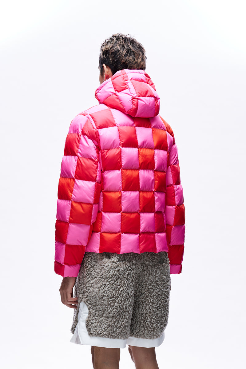 Unisex Gradient Checker Hooded Puffer Coat Woven Pink