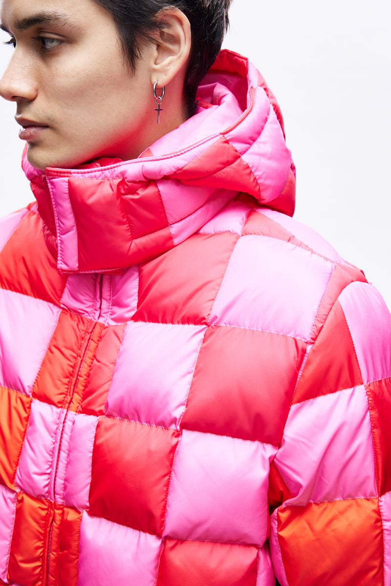 Unisex Gradient Checker Hooded Puffer Coat Woven Pink
