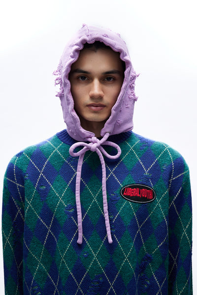 Mens Destroyed Hood Knit Lilac