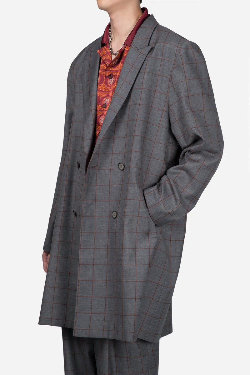 Polar Peak Lapel Double Breast Coat Silver Rust Shadow Grid