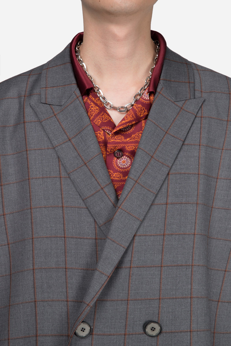 Polar Peak Lapel Double Breast Coat Silver Rust Shadow Grid