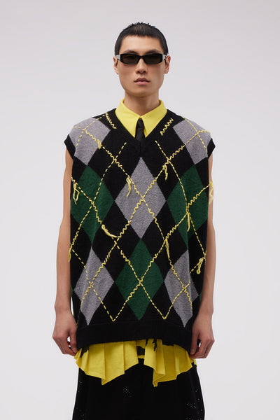 Mike Oversized Argyle Vest Black