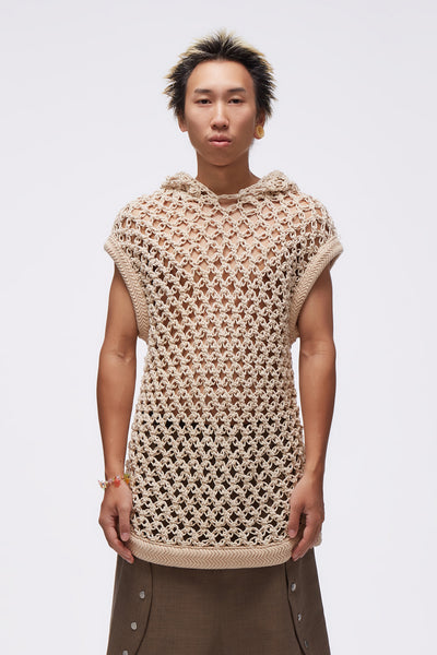 Elwood Oversized Sleeveless Net Hoodie Tan