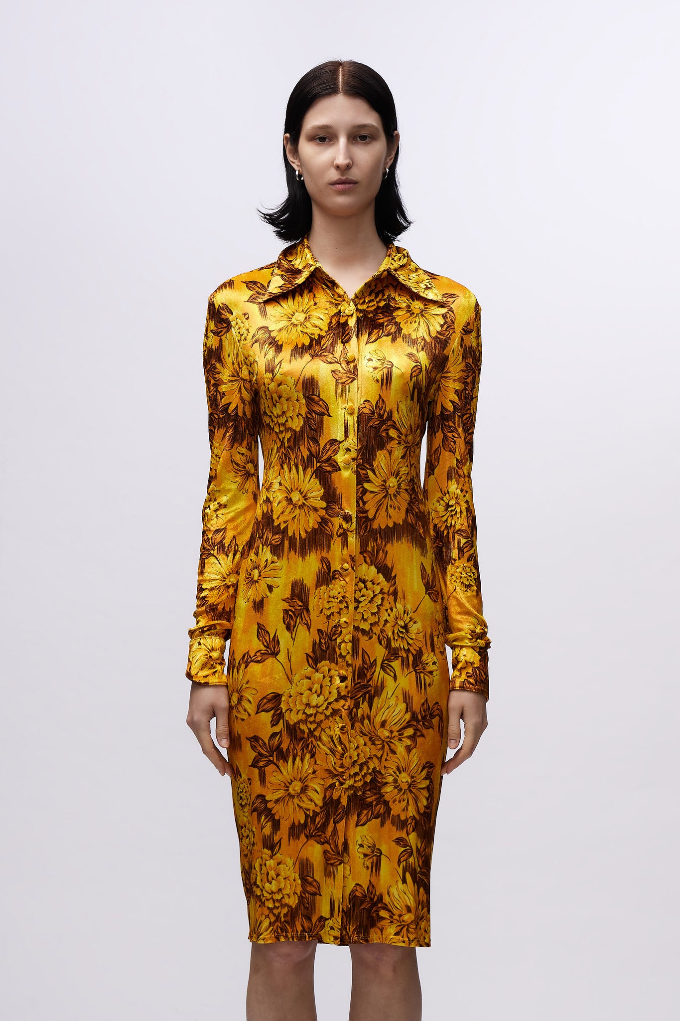 Slim Fitted Shirt Dress Gold Flowers