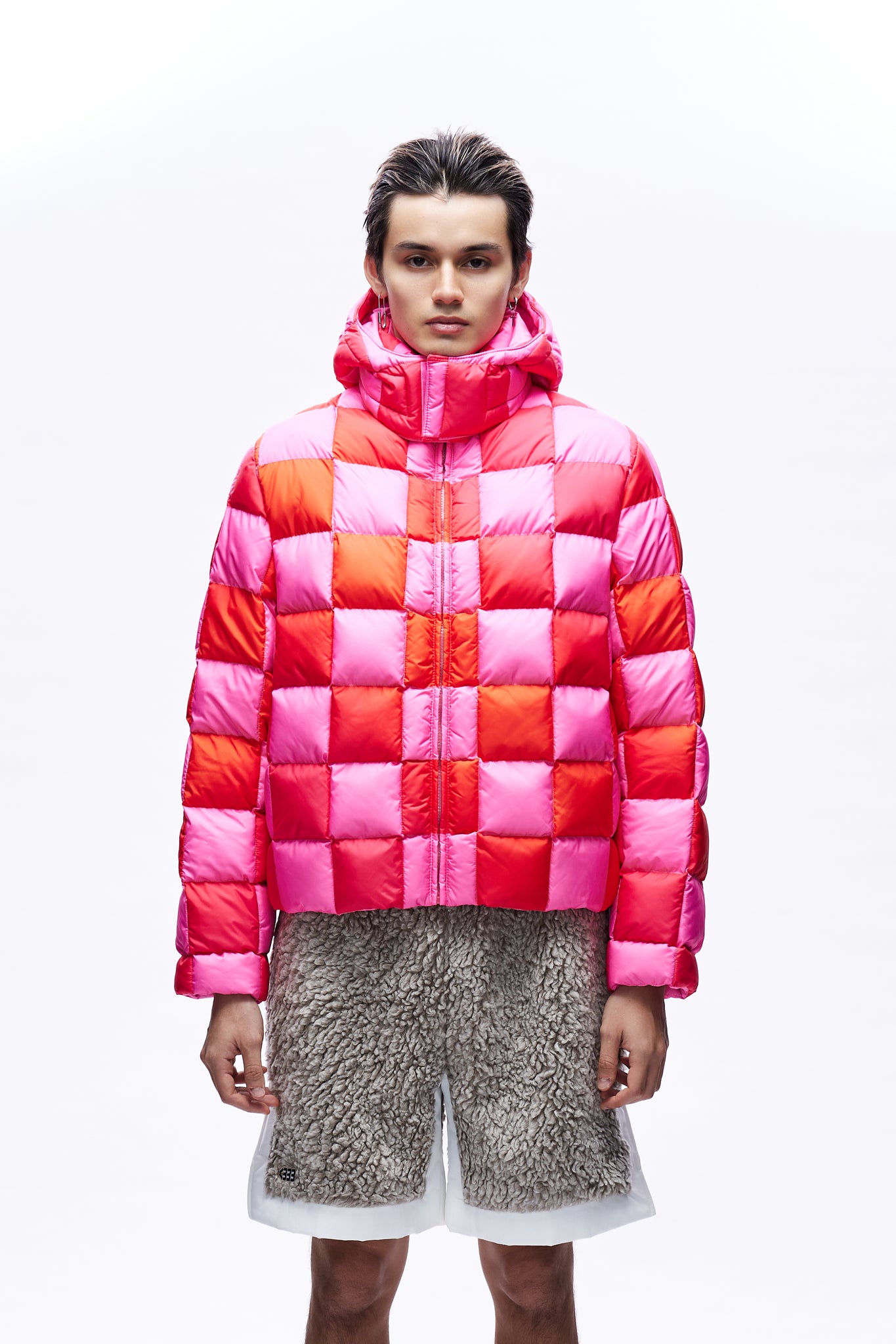 Unisex Gradient Checker Hooded Puffer Coat Woven Pink