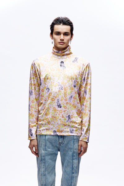 Mens Print Turtleneck Knit Orange Multicolor