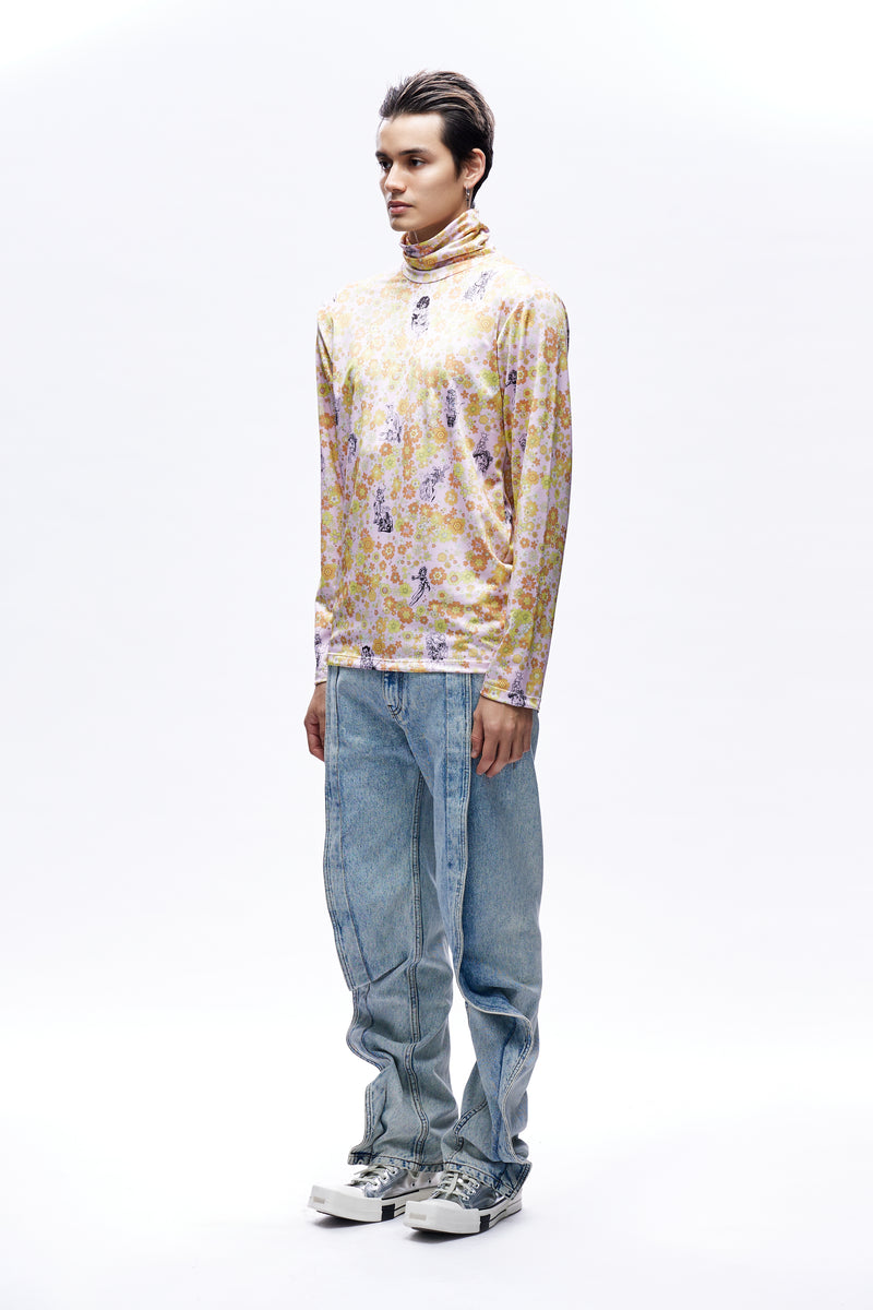 Mens Print Turtleneck Knit Orange Multicolor