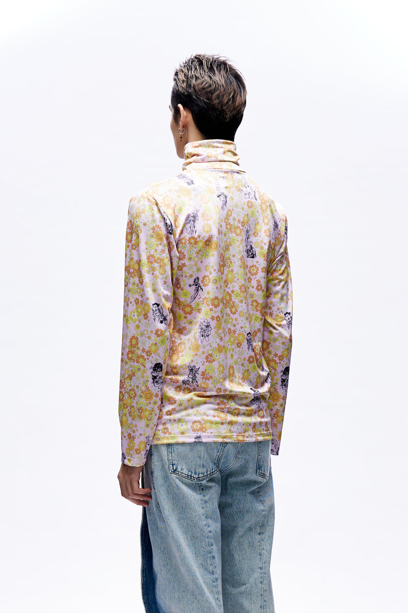 Mens Print Turtleneck Knit Orange Multicolor