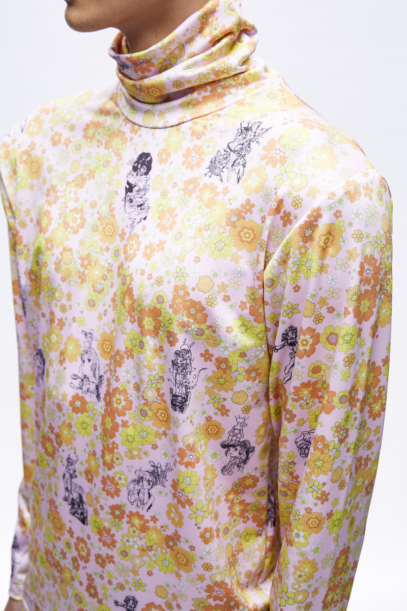 Mens Print Turtleneck Knit Orange Multicolor