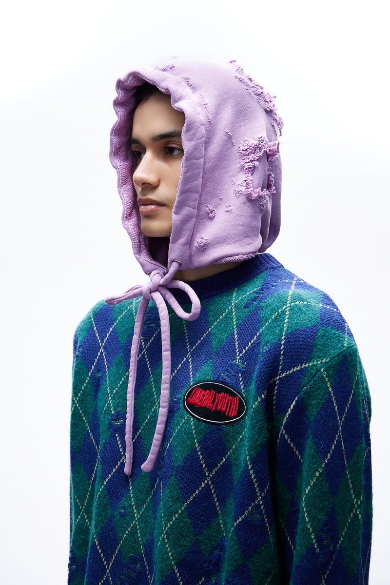 Mens Destroyed Hood Knit Lilac