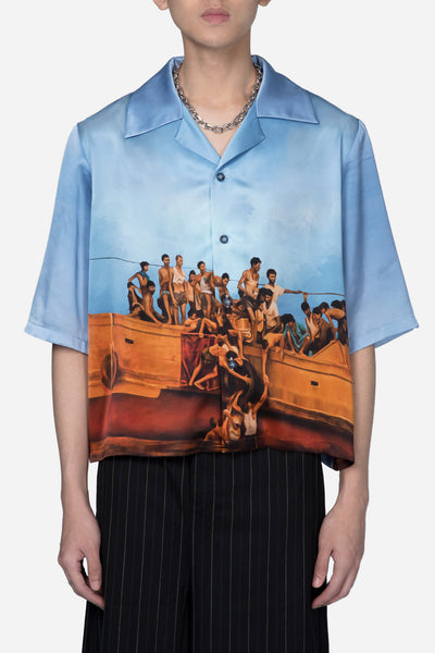 Vacay Cropped Silk Shirt Paradise Blue